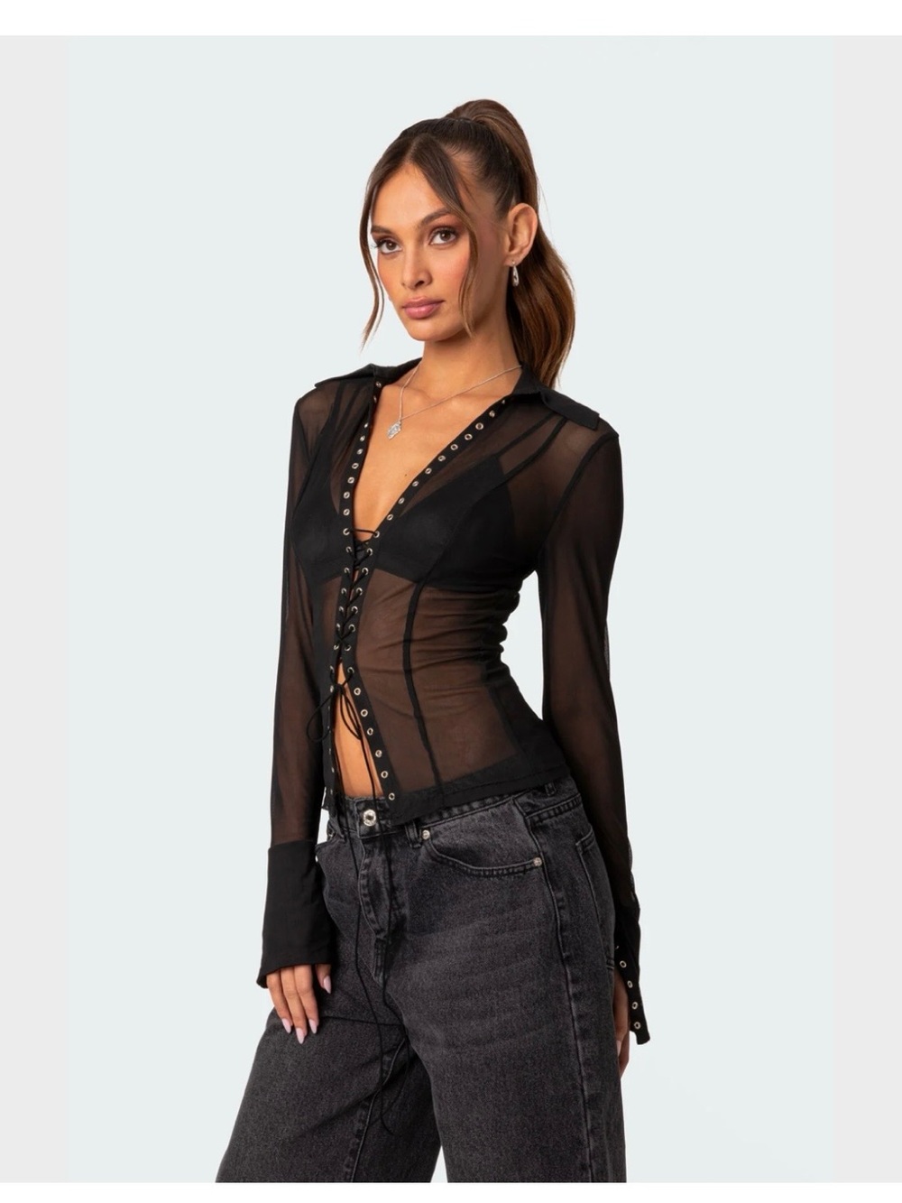 Edikted Black Sheer Lace-Up Mesh Blouse - Picture 3 of 4